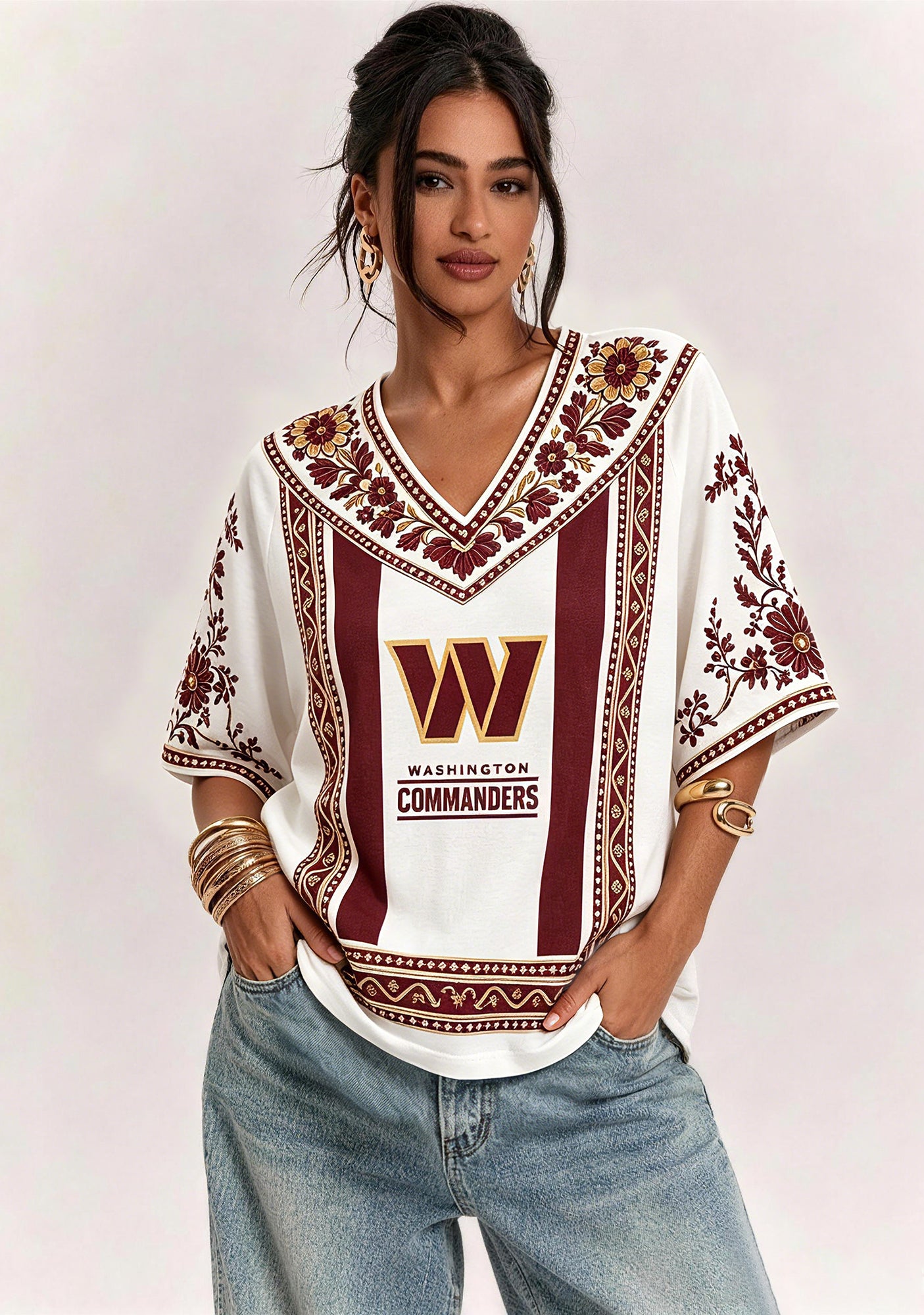Boho Floral Washington Commanders V-Neck Blouse Main image