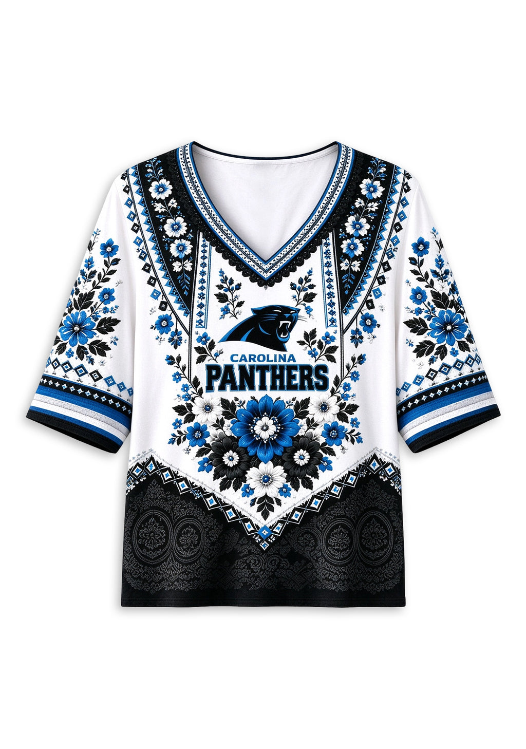 Women’s Carolina Panthers Boho Floral V-Neck 3/4 Sleeve Shirt