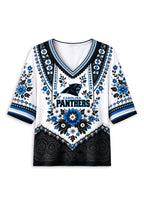 Women’s Carolina Panthers Boho Floral V-Neck 3/4 Sleeve Shirt