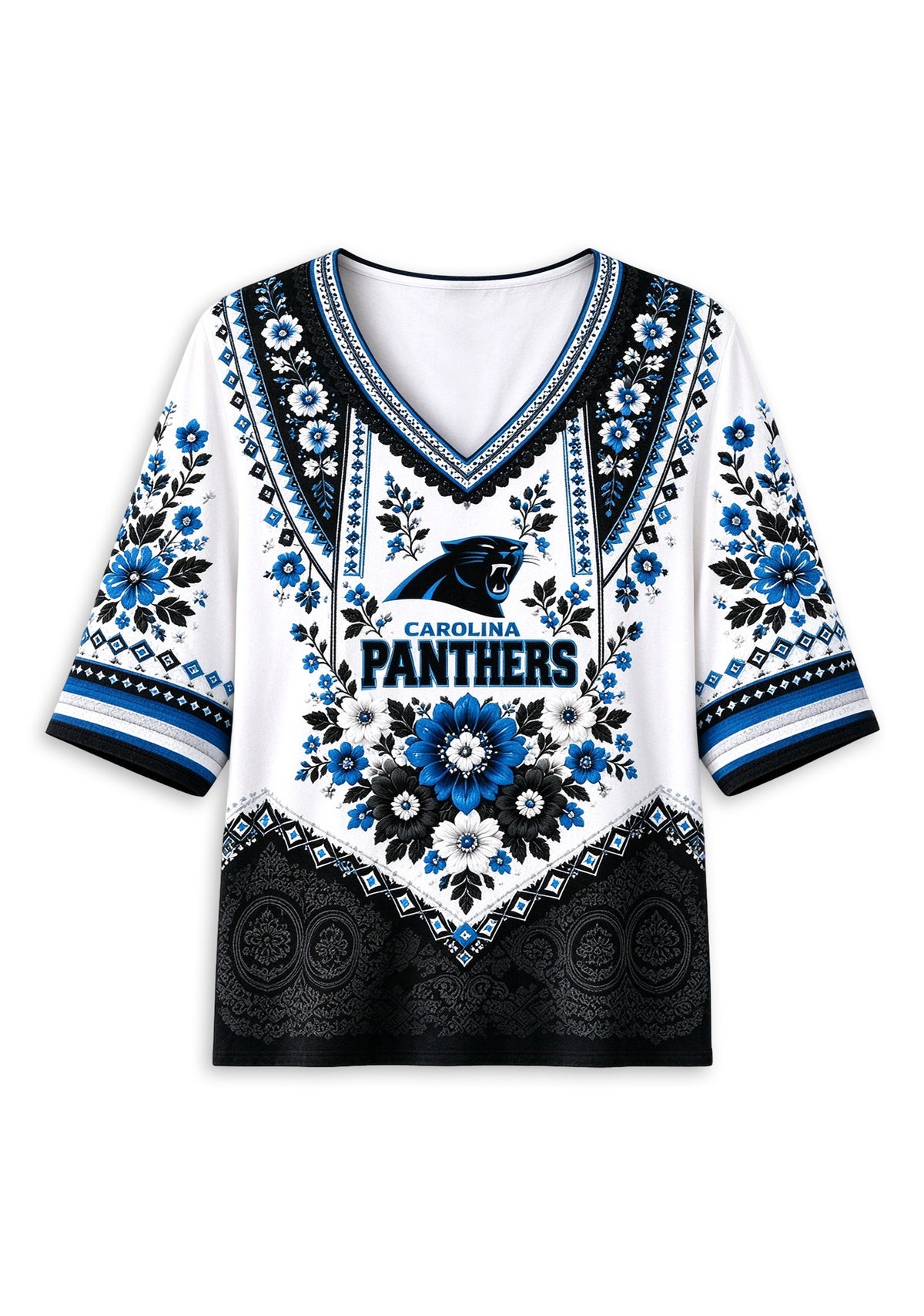 Women’s Carolina Panthers Boho Floral V-Neck 3/4 Sleeve Shirt