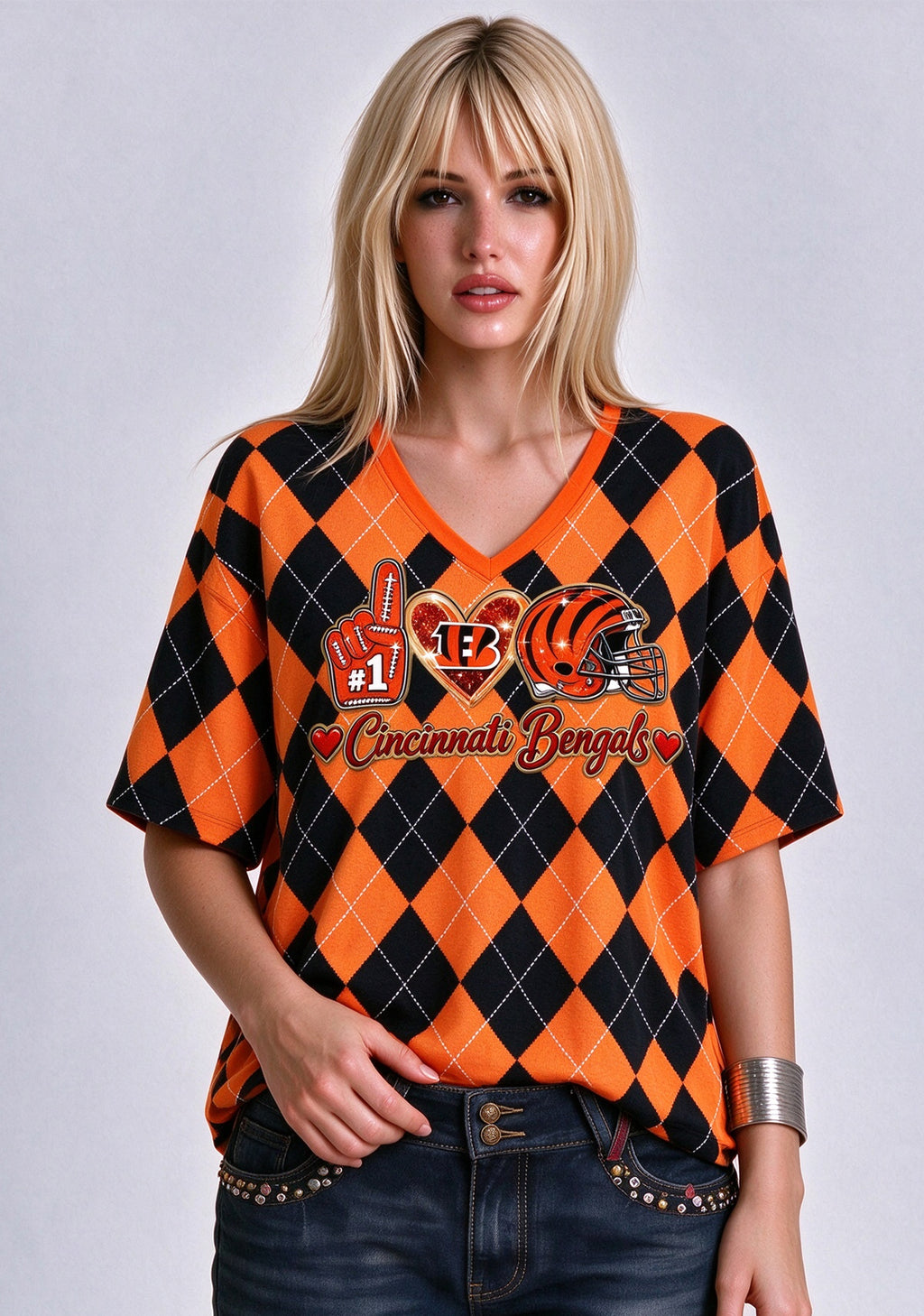 Women's Cincinnati Bengals Argyle #1 Fan Heart Helmet V-Neck T-Shirt
