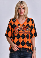 Women's Cincinnati Bengals Argyle #1 Fan Heart Helmet V-Neck T-Shirt