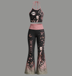 Demon Slayer Halter Crop Top + High Waist Flared Pants Matching 2-Piece Set