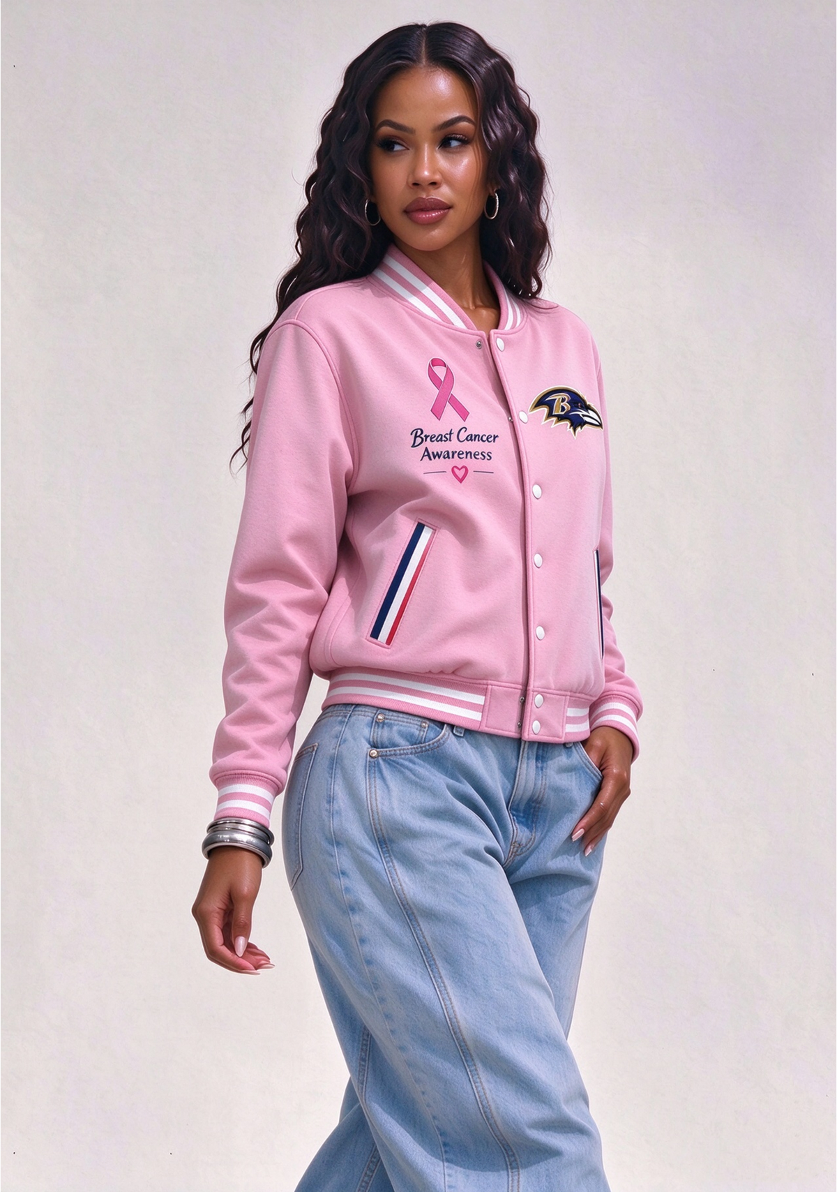 Baltimore Ravens Breast Cancer Awareness Pink Ribbon Varsity Jacket