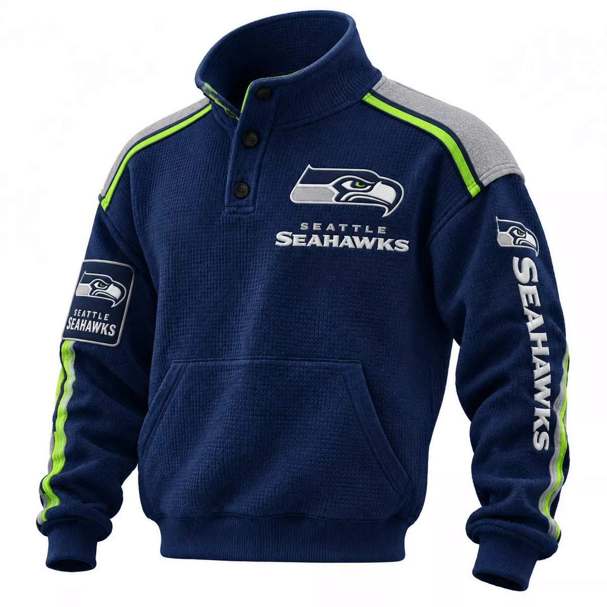 Seattle Seahawks Navy Button Henley Stand Collar Waffle Pullover Sweatshirt Main image