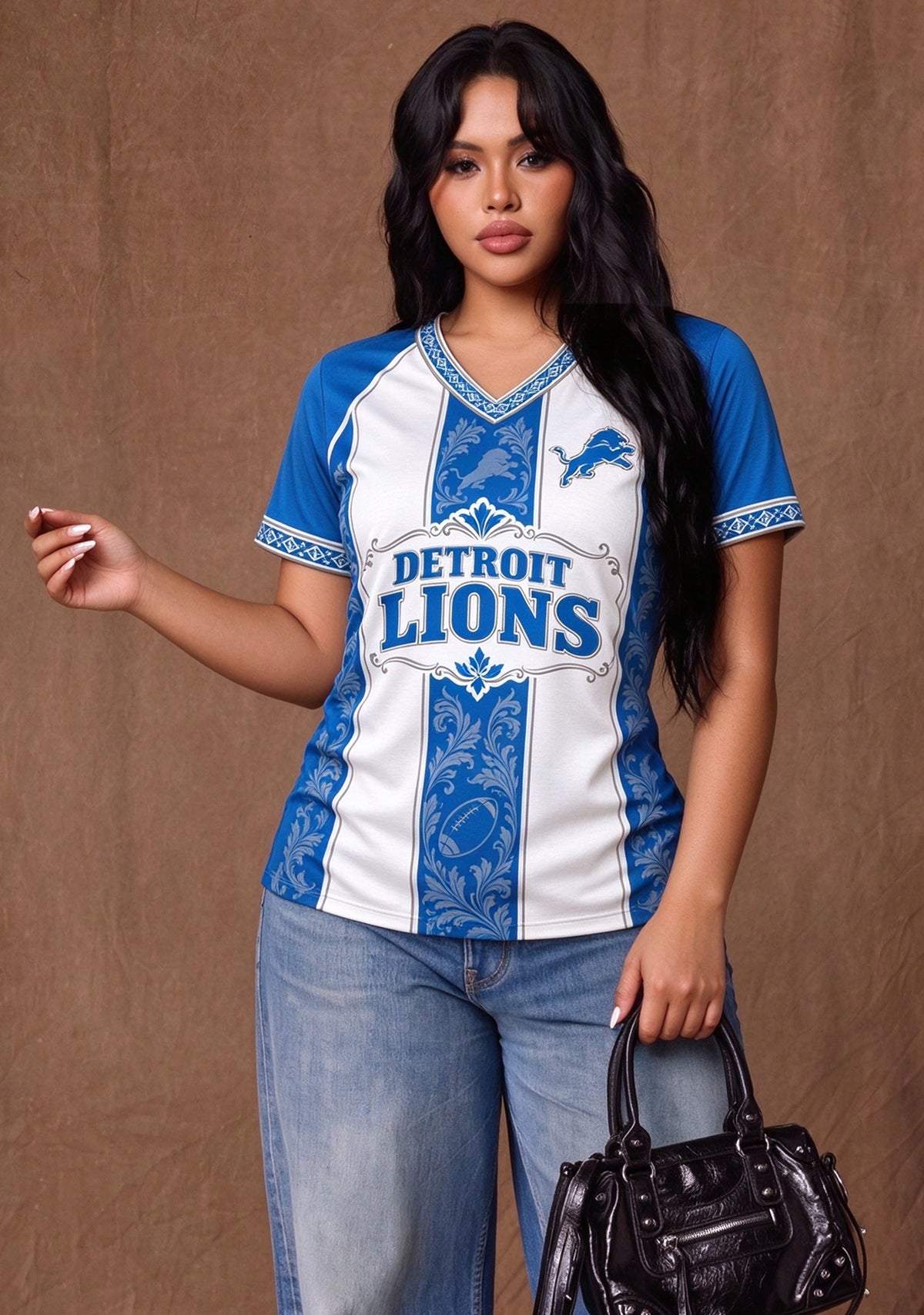 Women's Detroit Lions Floral Baroque Striped V-Neck T-Shirt
