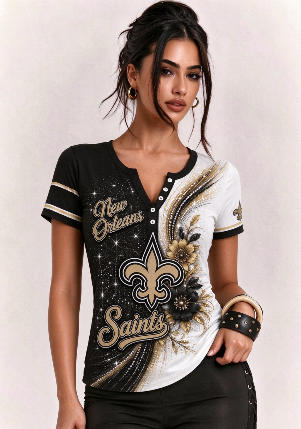 Women New Orleans Saints Floral Henley T-Shirt