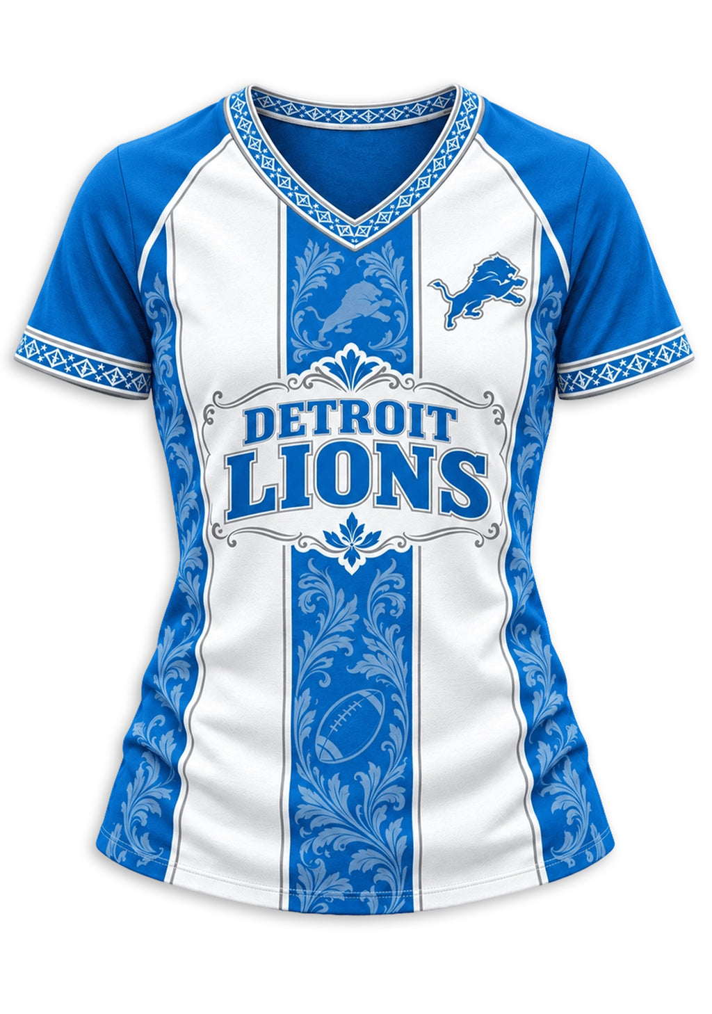 Women's Detroit Lions Floral Baroque Striped V-Neck T-Shirt