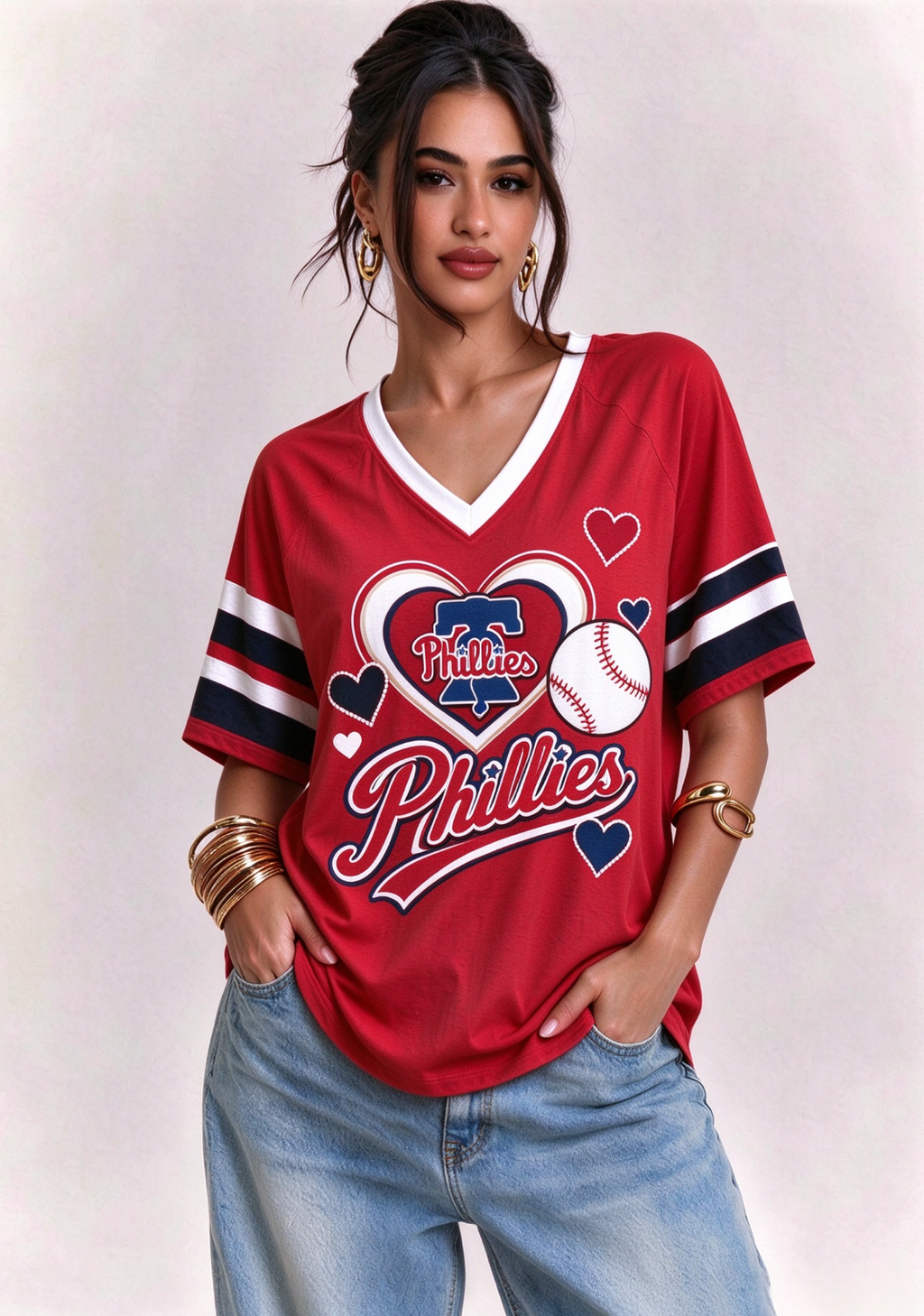 Women Philadelphia Phillies Heart Baseball Graphic V-Neck T-Shirt