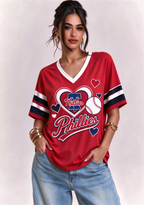 Women Philadelphia Phillies Heart Baseball Graphic V-Neck T-Shirt