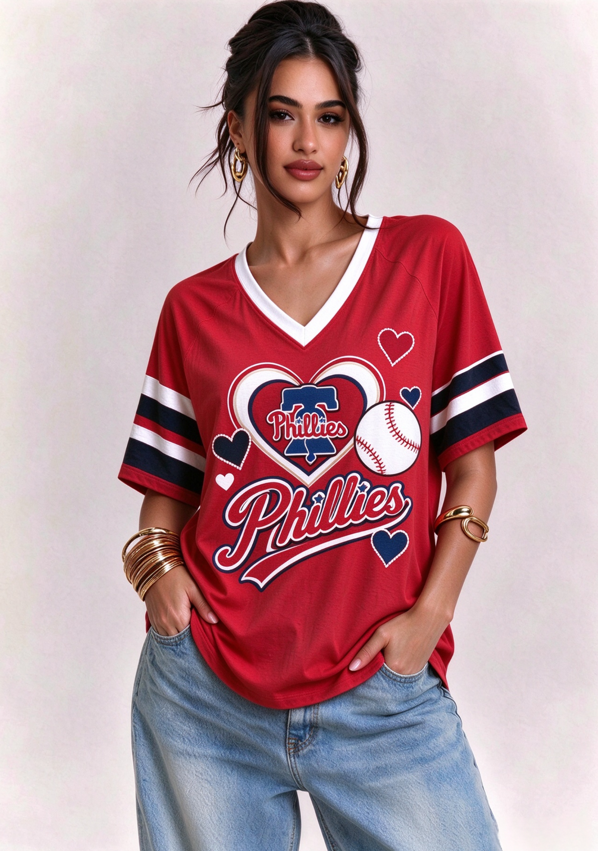 Women Philadelphia Phillies Heart Baseball Graphic V-Neck T-Shirt