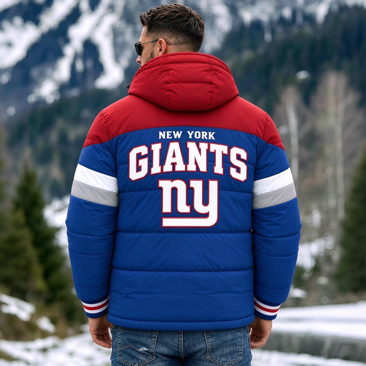 New York Giants Hooded Color Block Puffer Jacket  Custom Name Gifts For Fan
