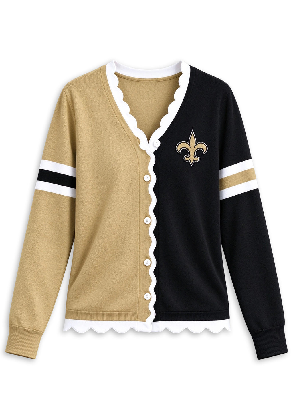Women's New Orleans Saints Color Block Scalloped Trim V-Neck Button Cardigan