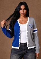 Women's Indianapolis Colts Color Block Scalloped Trim V-Neck Button Cardigan