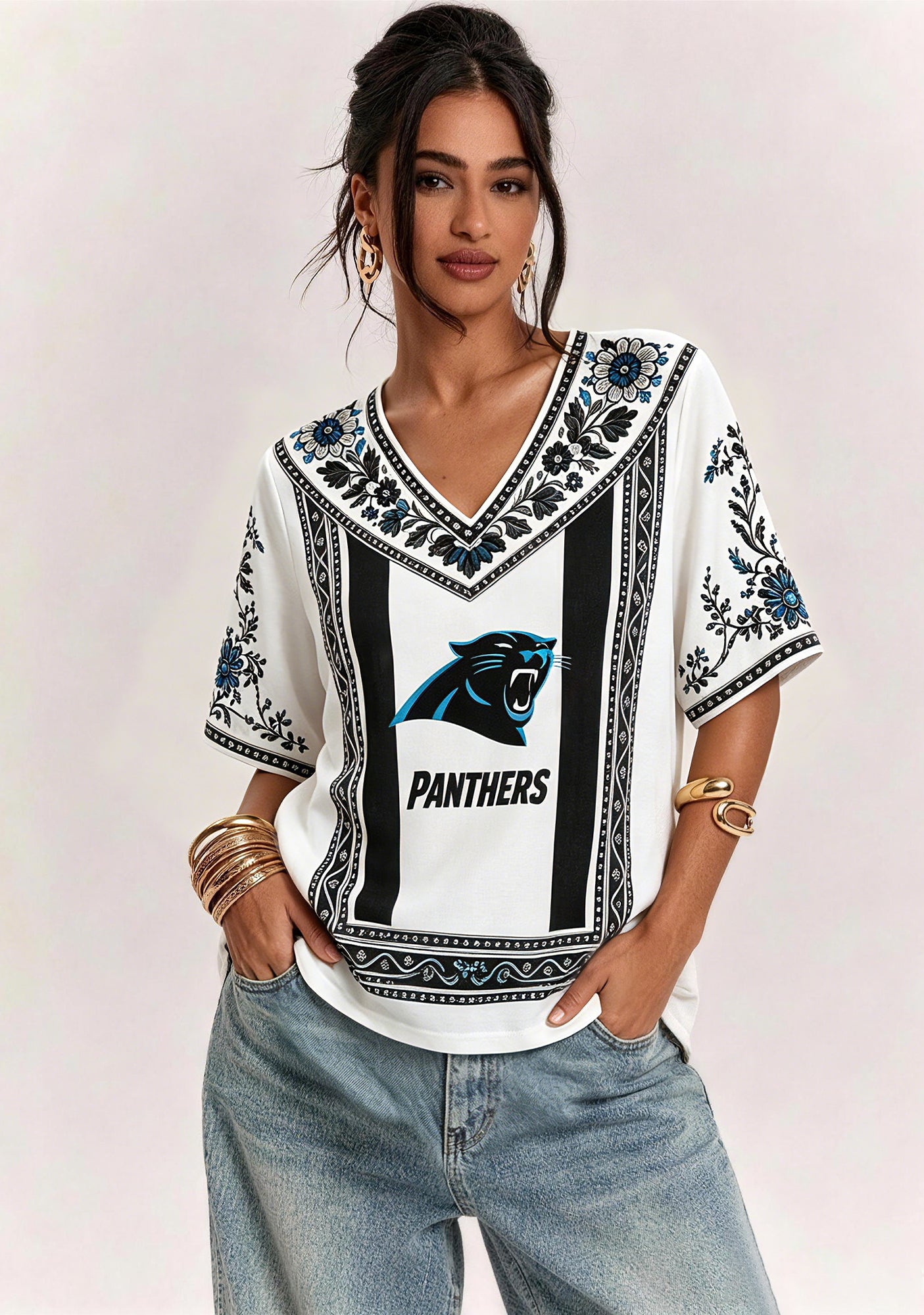 Boho Floral Carolina Panthers V-Neck Blouse Main image