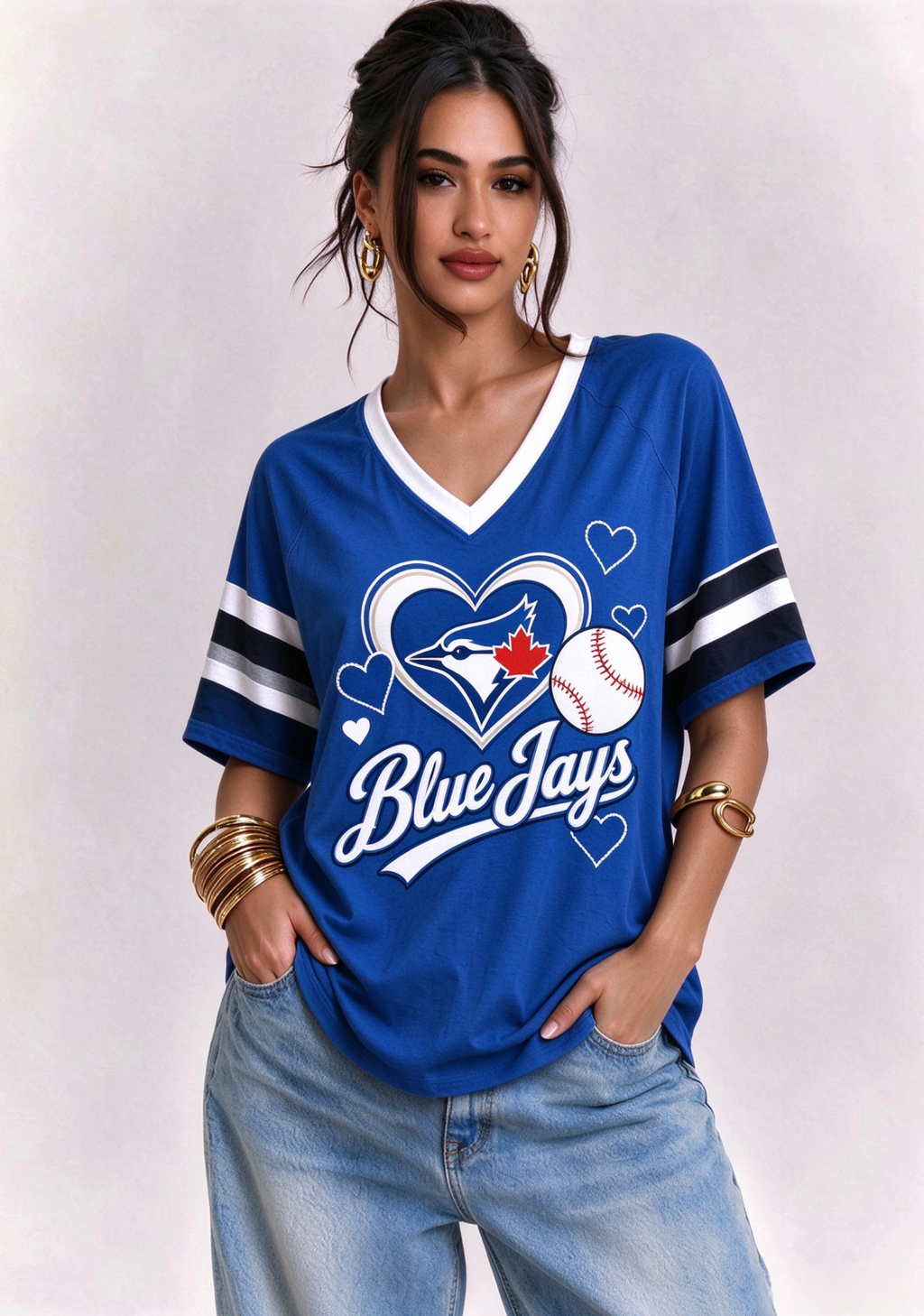 Women Toronto Blue Jays Heart Baseball Graphic V-Neck T-Shirt