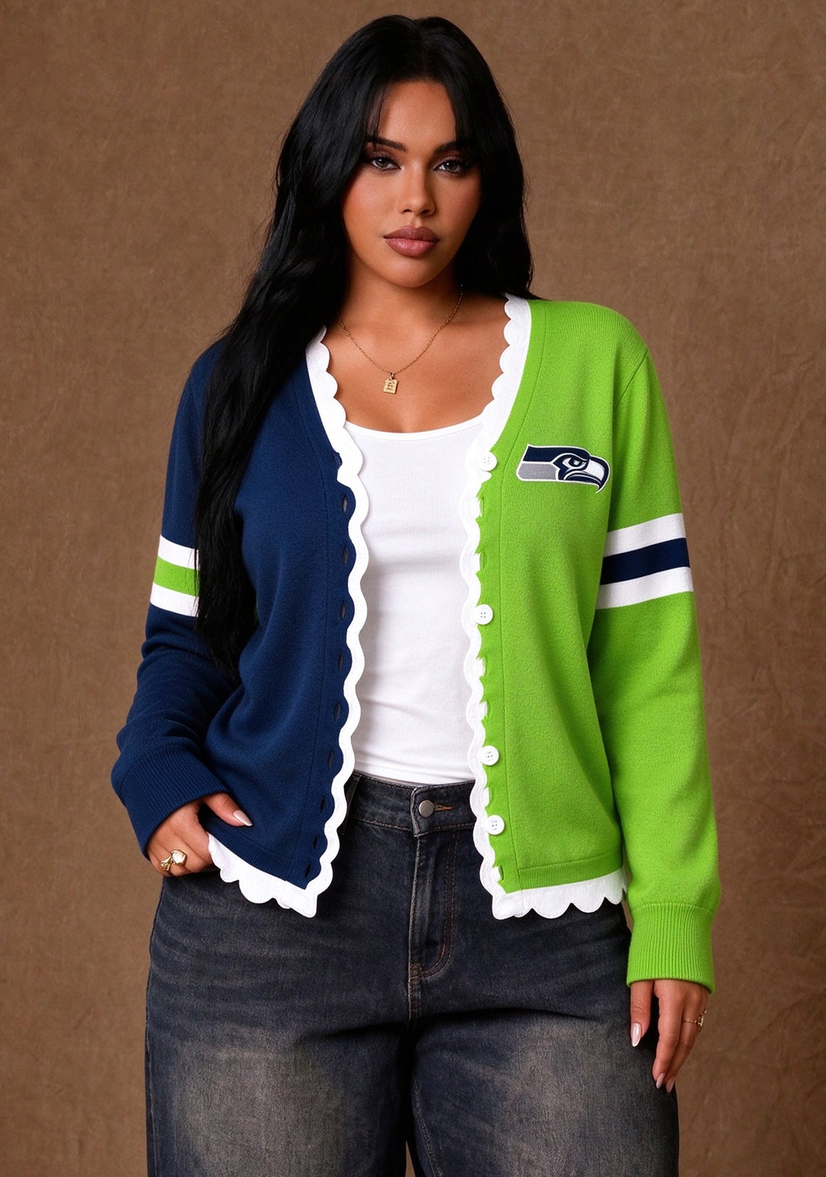 Women's Seattle Seahawks Color Block Scalloped Trim V-Neck Button Cardigan Main image