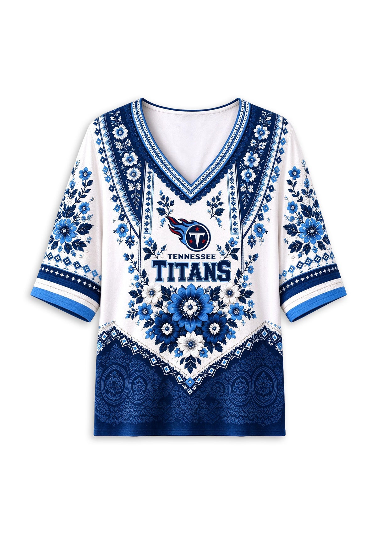 Women’s Tennessee Titans Boho Floral V-Neck 3/4 Sleeve Shirt