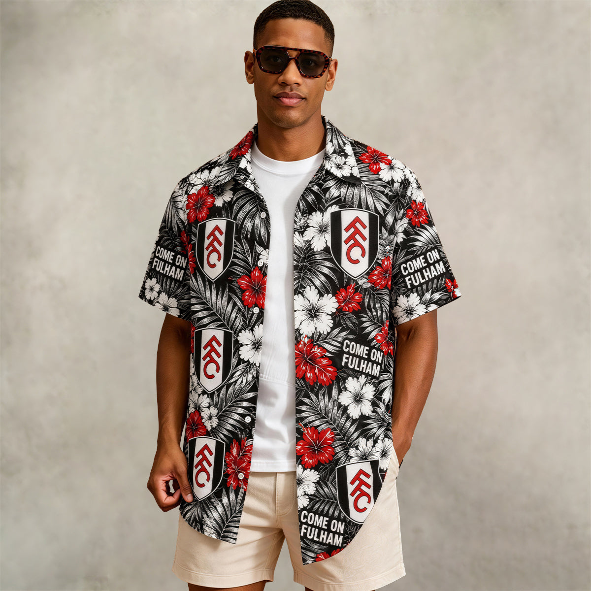 Fulham FC Black Red Hibiscus Tropical Hawaiian Shirt For Fan