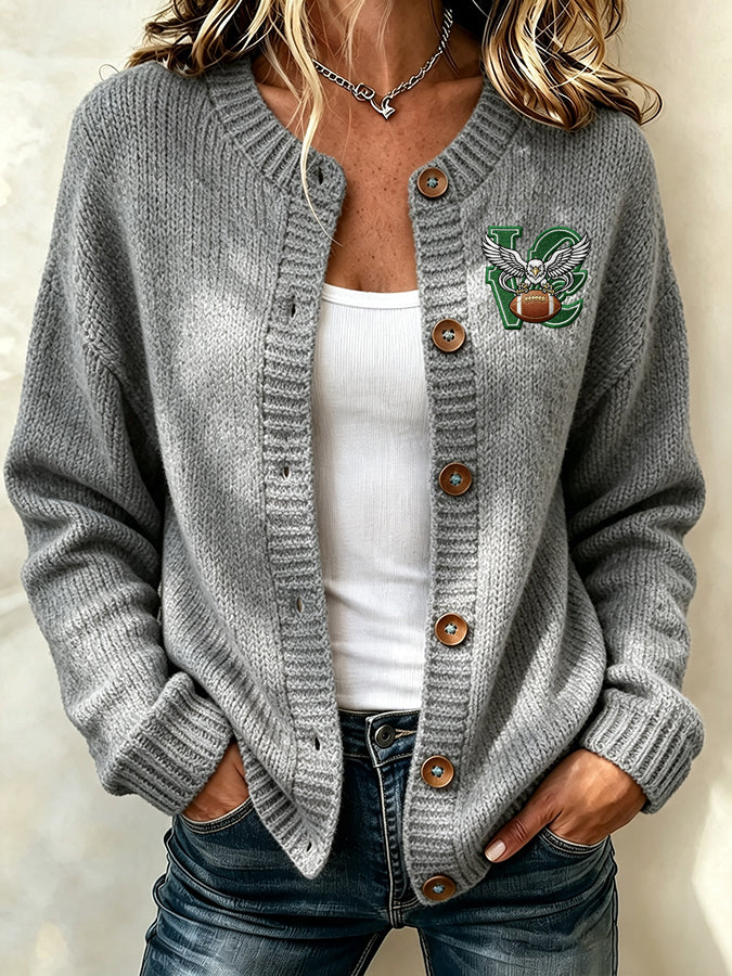 Women'S Football Printed Knitted Cardigan