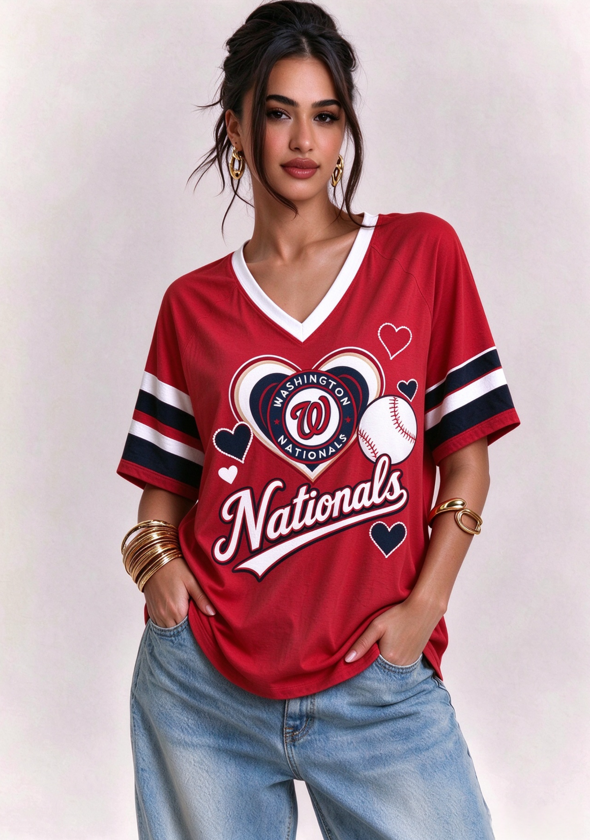Women Washington Nationals Heart Baseball Graphic V-Neck T-Shirt