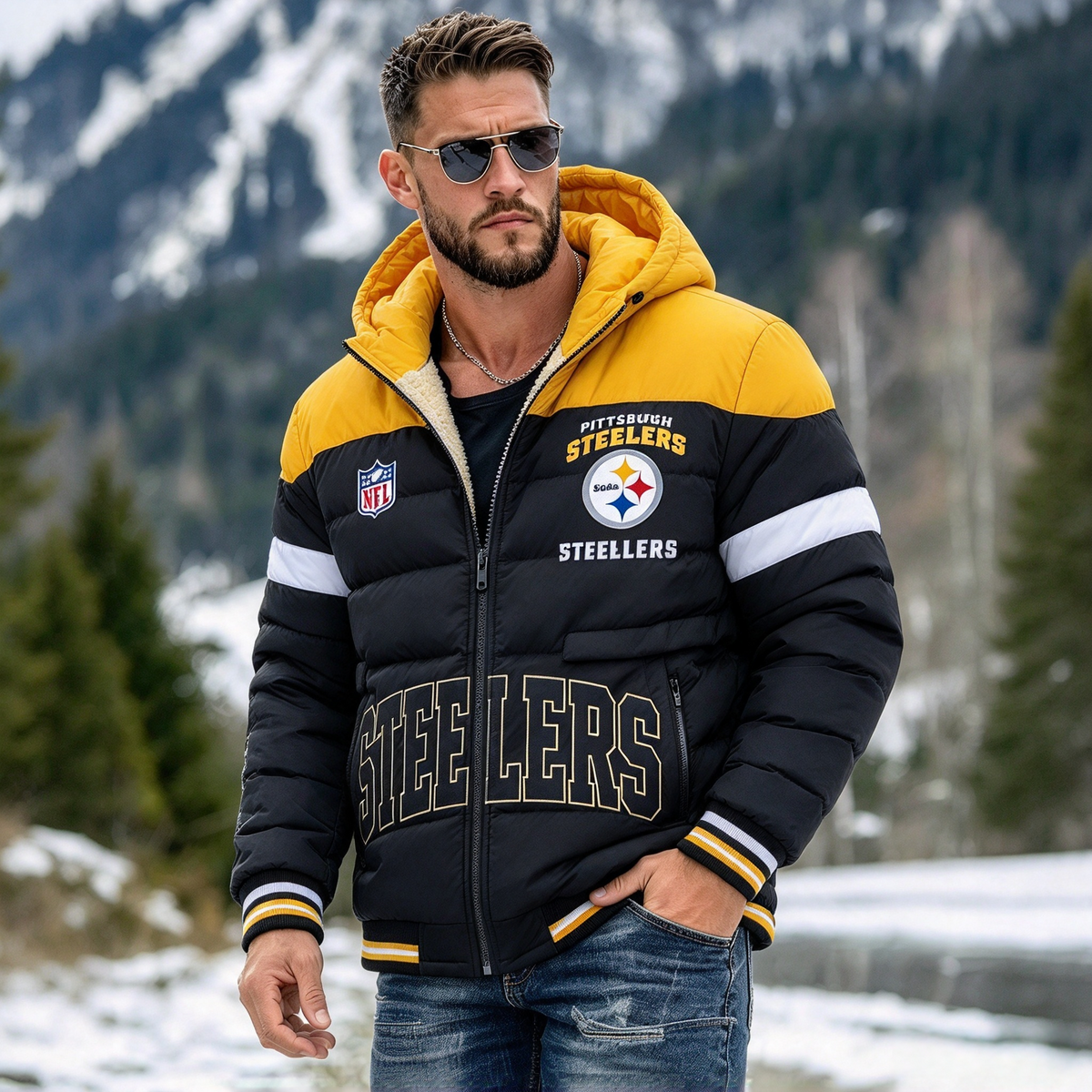 Pittsburgh Steelers Hooded Color Block Puffer Jacket  Custom Name Gifts For Fan Main image