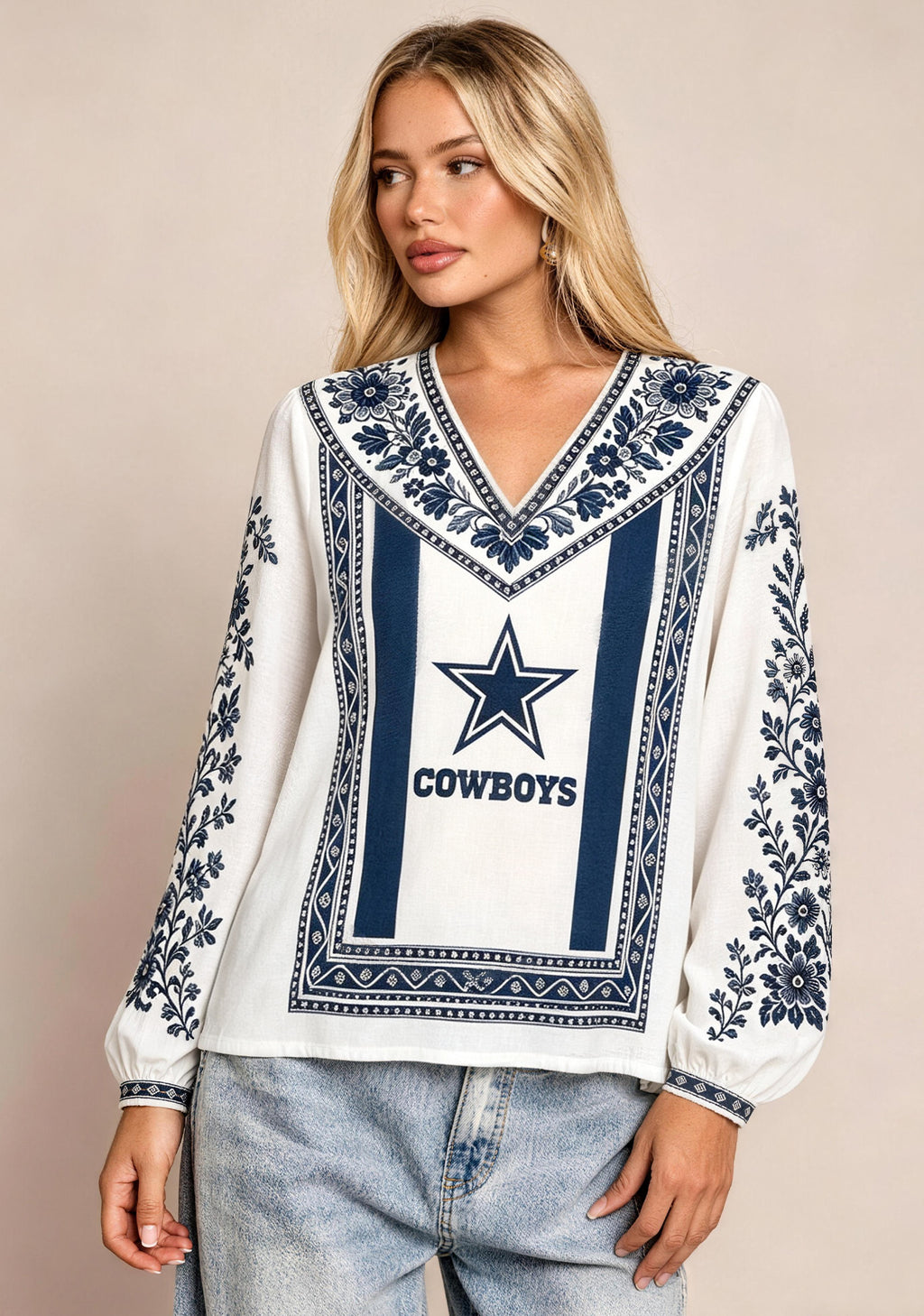 Women's Dallas Cowboys Boho Floral Printed V-Neck Long Sleeve Shirt