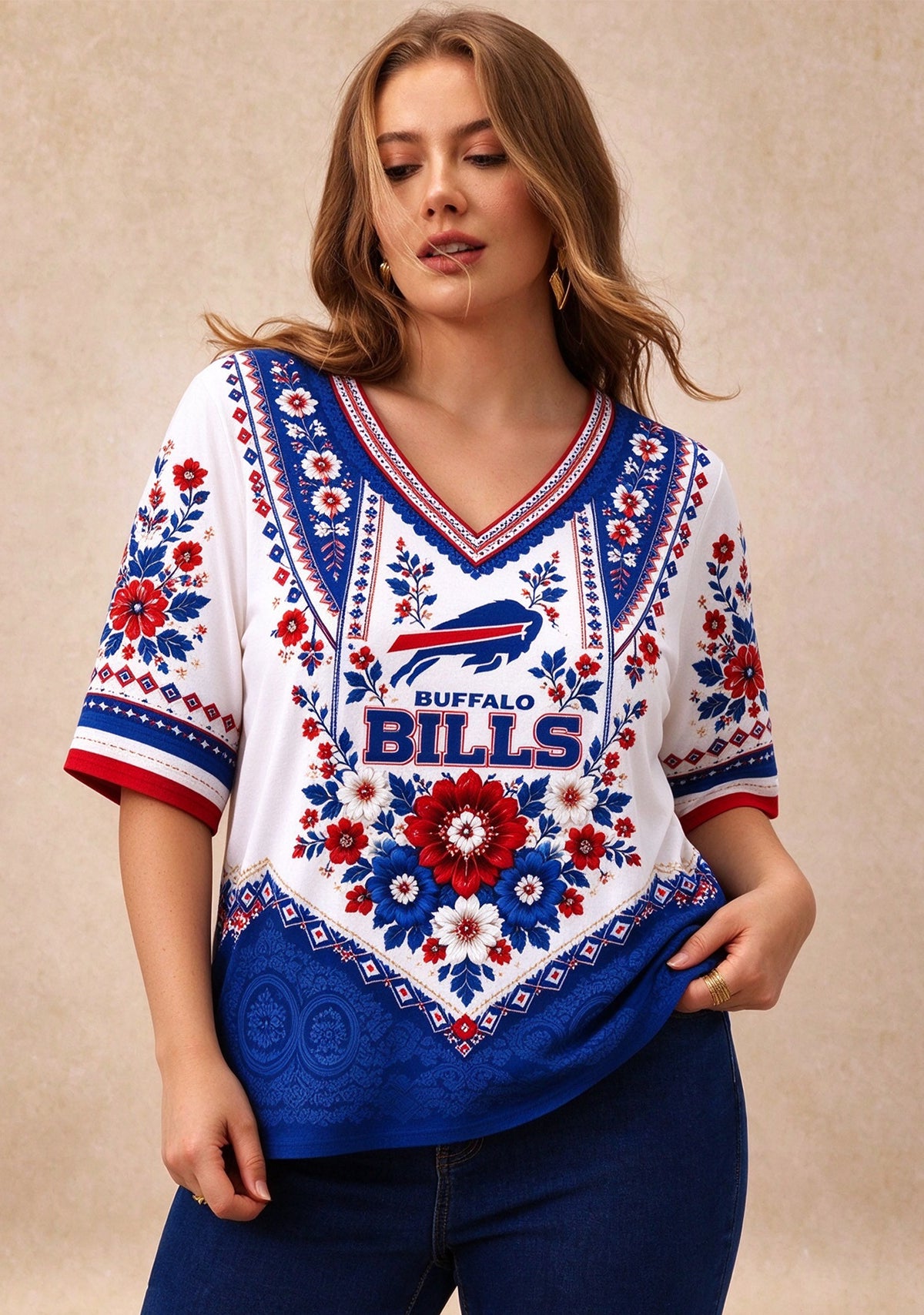 Women’s Buffalo Bills Boho Floral V-Neck 3/4 Sleeve Shirt