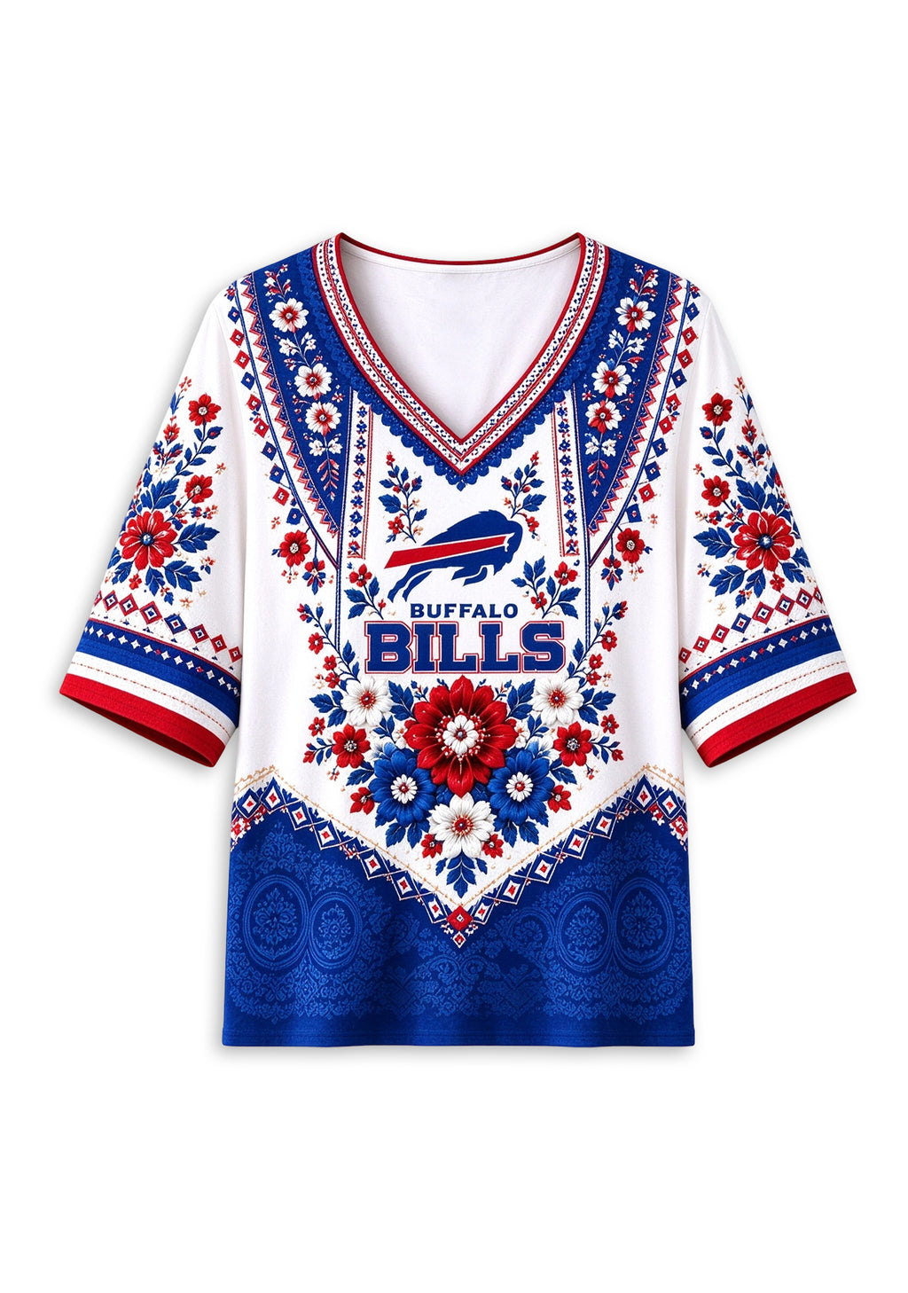 Women’s Buffalo Bills Boho Floral V-Neck 3/4 Sleeve Shirt