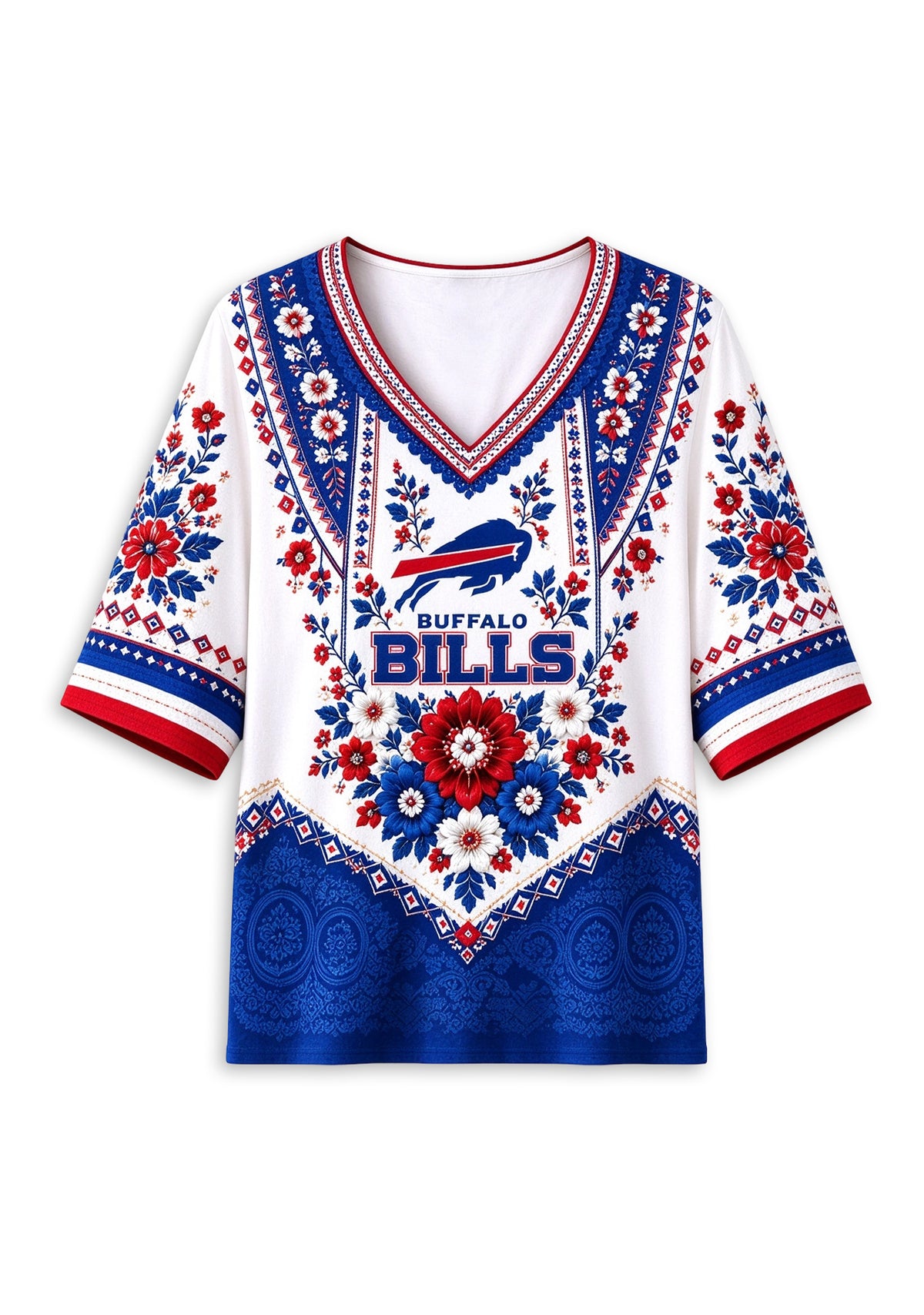 Women’s Buffalo Bills Boho Floral V-Neck 3/4 Sleeve Shirt