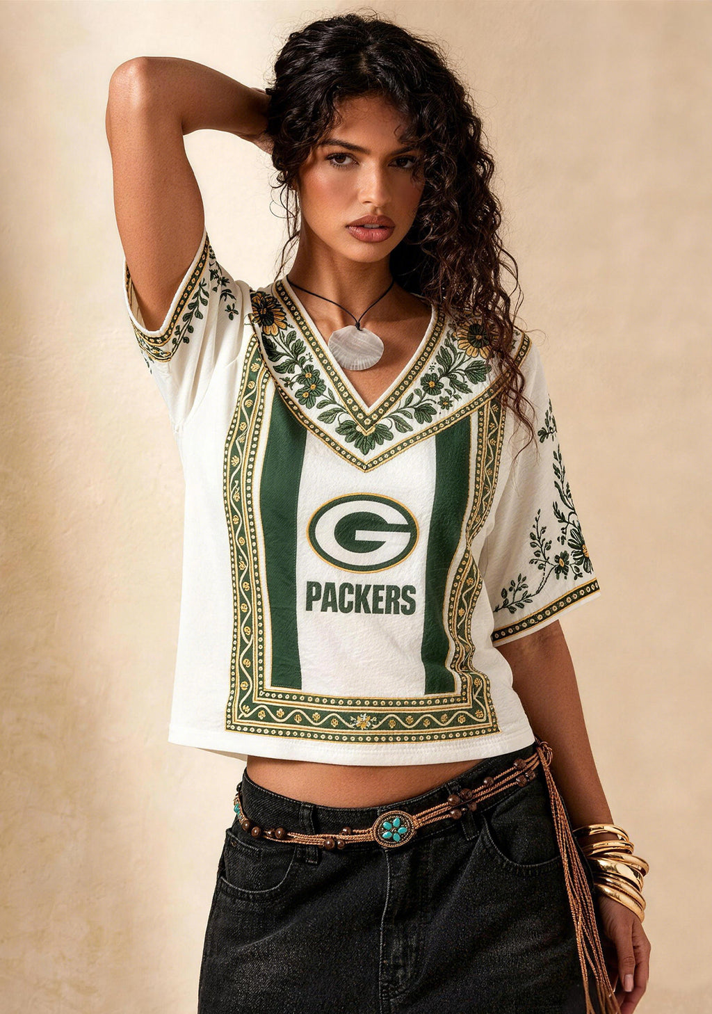 Boho Floral Green Bay Packers V-Neck Blouse