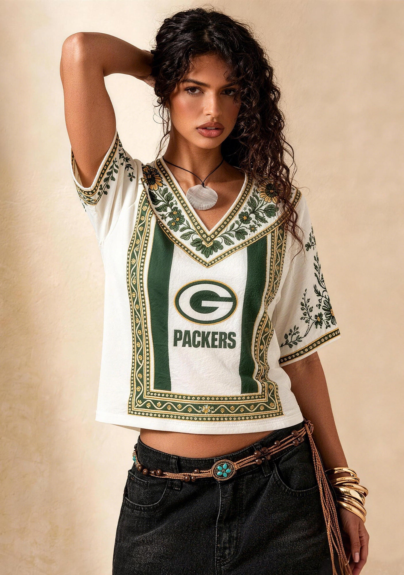 Boho Floral Green Bay Packers V-Neck Blouse Main image