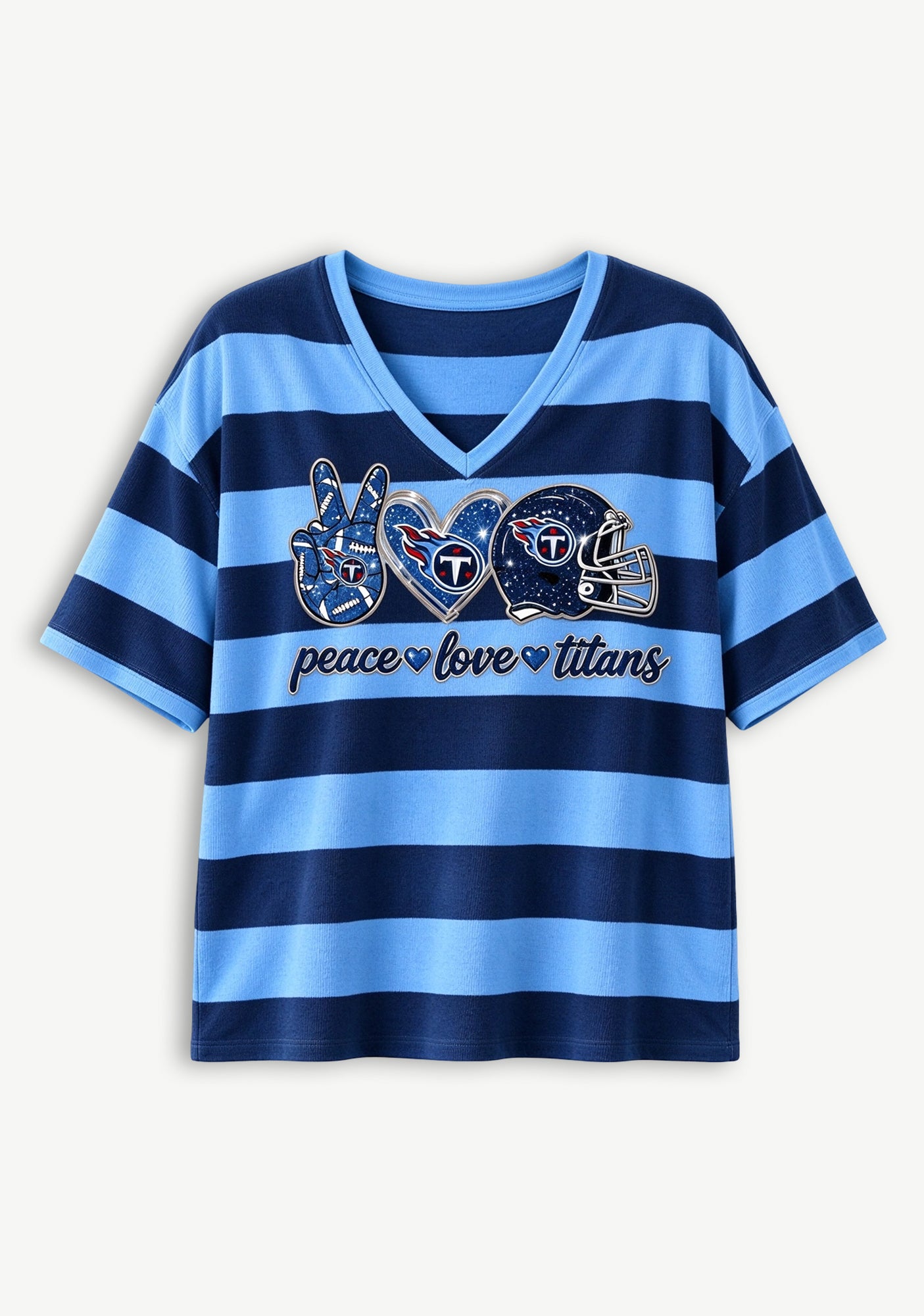 Women's Peace Love Tennessee Titans Football Striped V Neck T-Shirt Secondary image