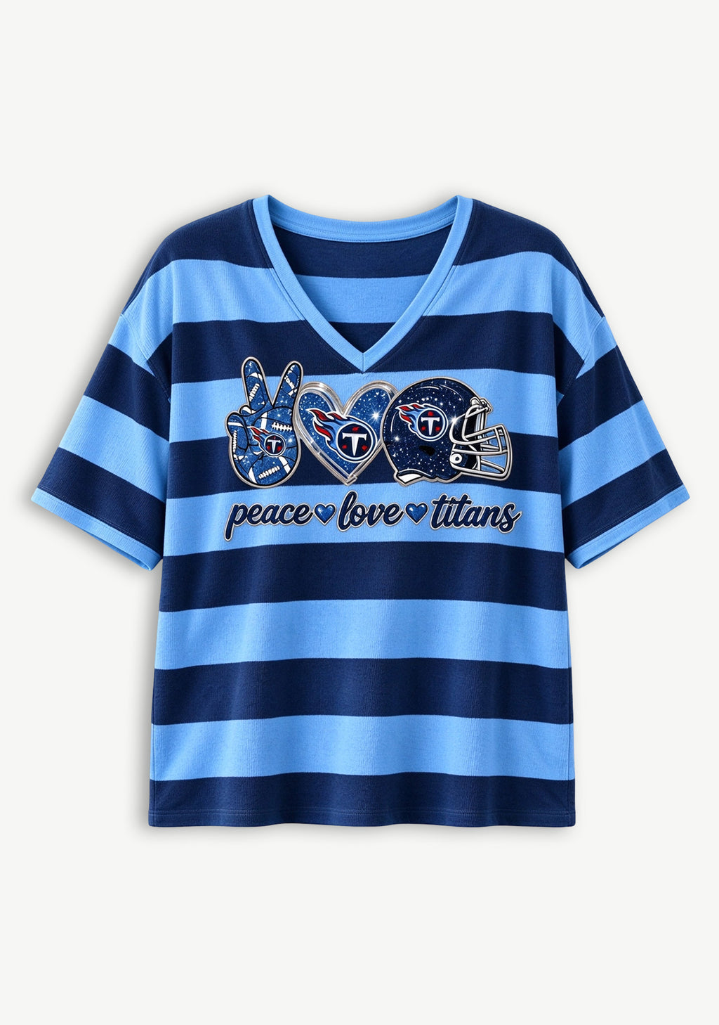 Women's Peace Love Tennessee Titans Football Striped V Neck T-Shirt