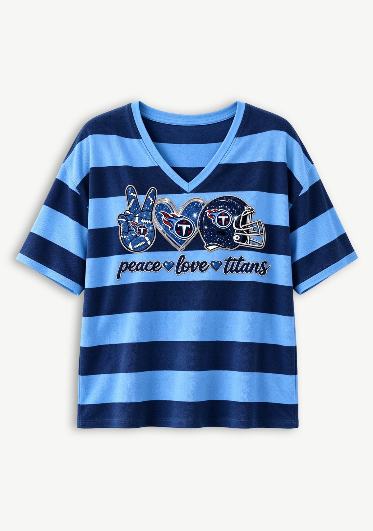 Women's Peace Love Tennessee Titans Football Striped V Neck T-Shirt