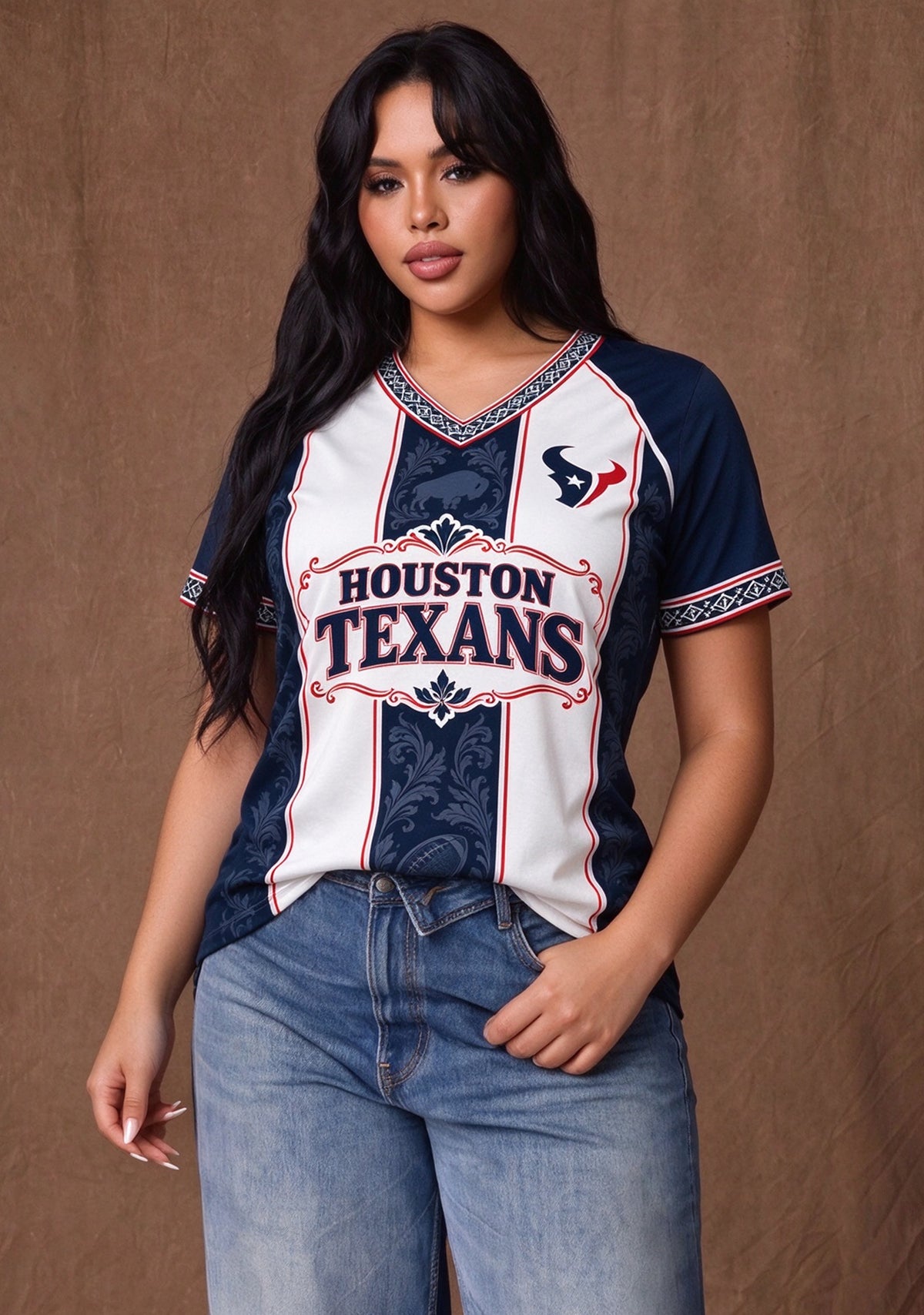 Women's Houston Texans Floral Baroque Striped V-Neck T-Shirt
