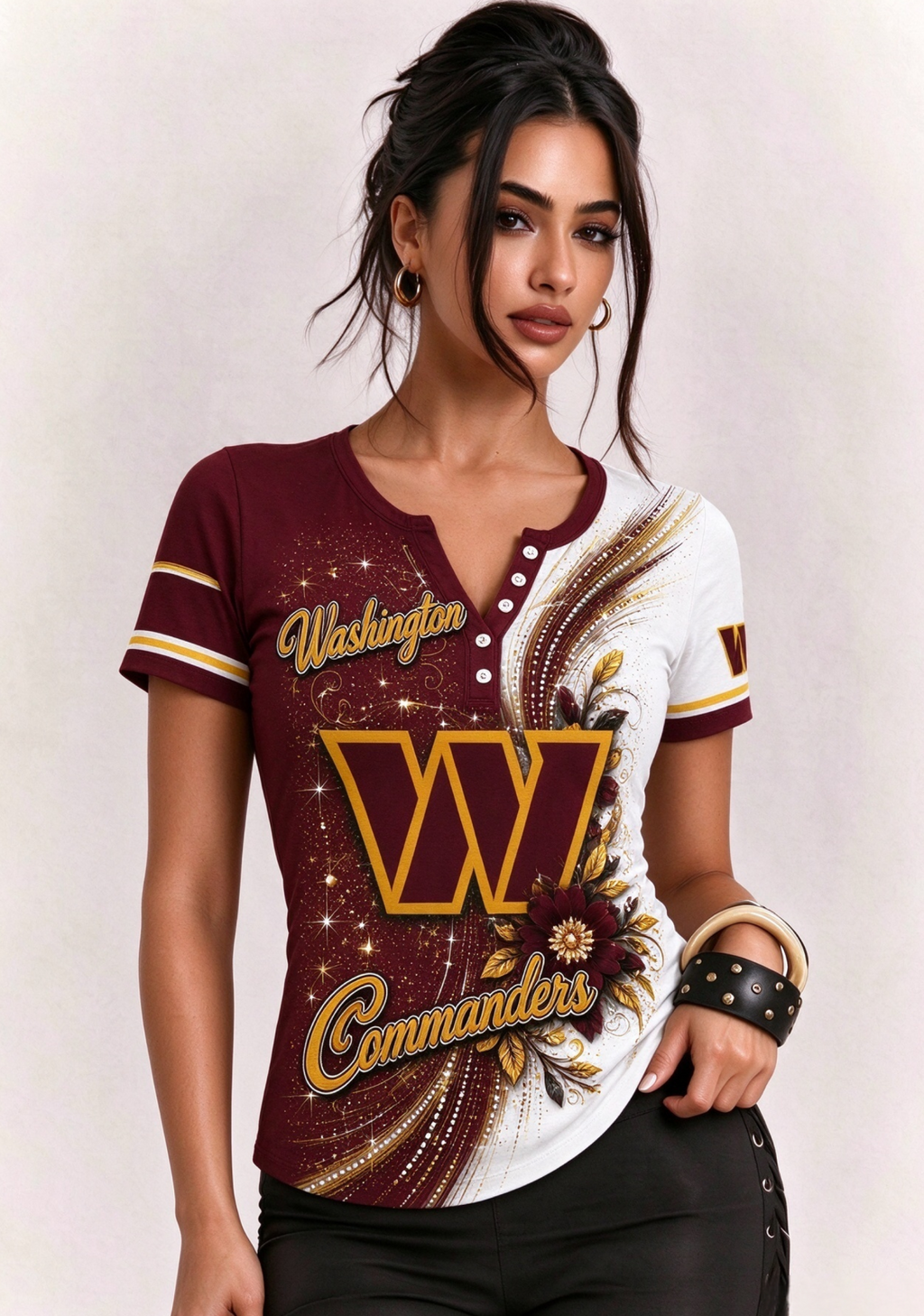 Women Washington Commanders Floral Henley T-Shirt