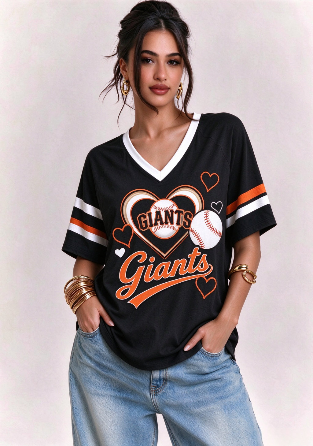 Women San Francisco Giants Heart Baseball Graphic V-Neck T-Shirt