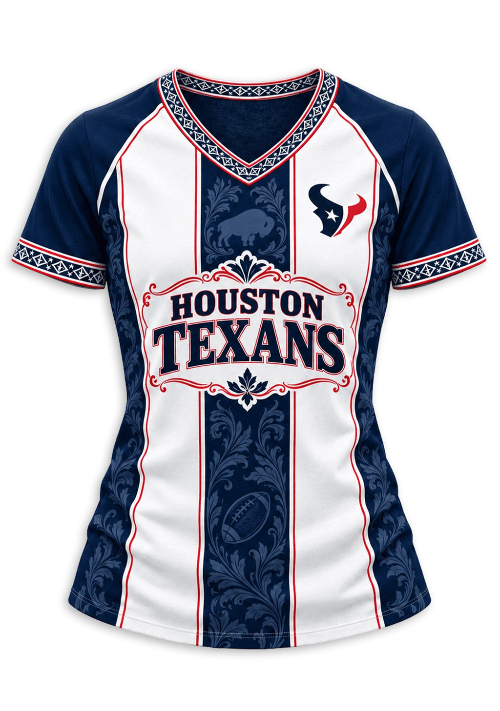 Women's Houston Texans Floral Baroque Striped V-Neck T-Shirt