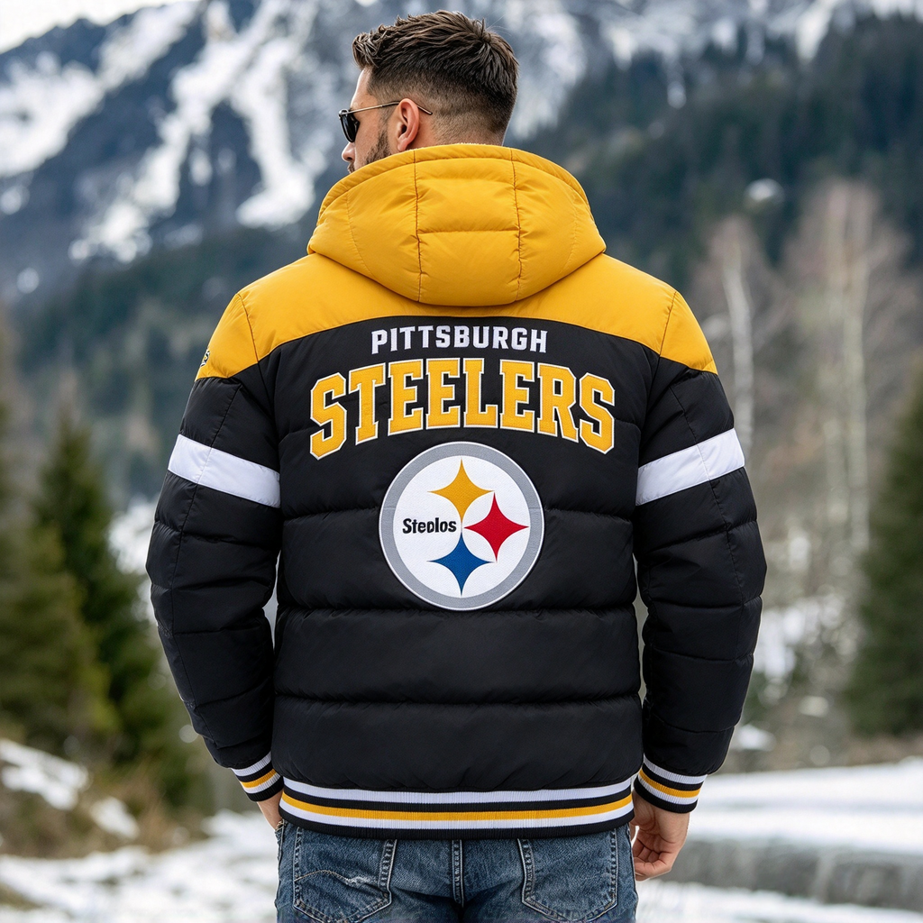 Pittsburgh Steelers Hooded Color Block Puffer Jacket  Custom Name Gifts For Fan
