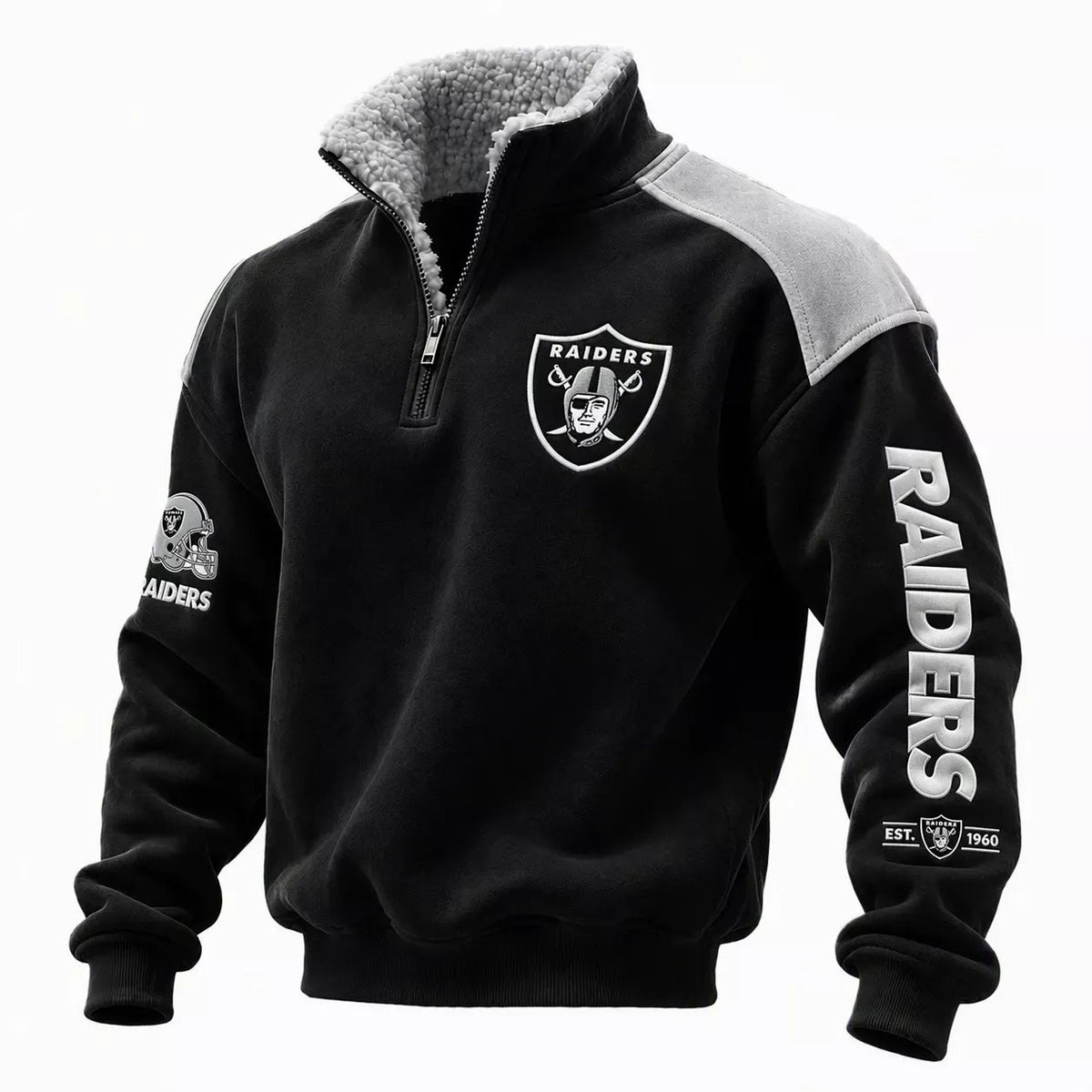Las Vegas Raiders Black Sherpa Lined Stand Collar Quarter Zip Pullover Sweatshirt