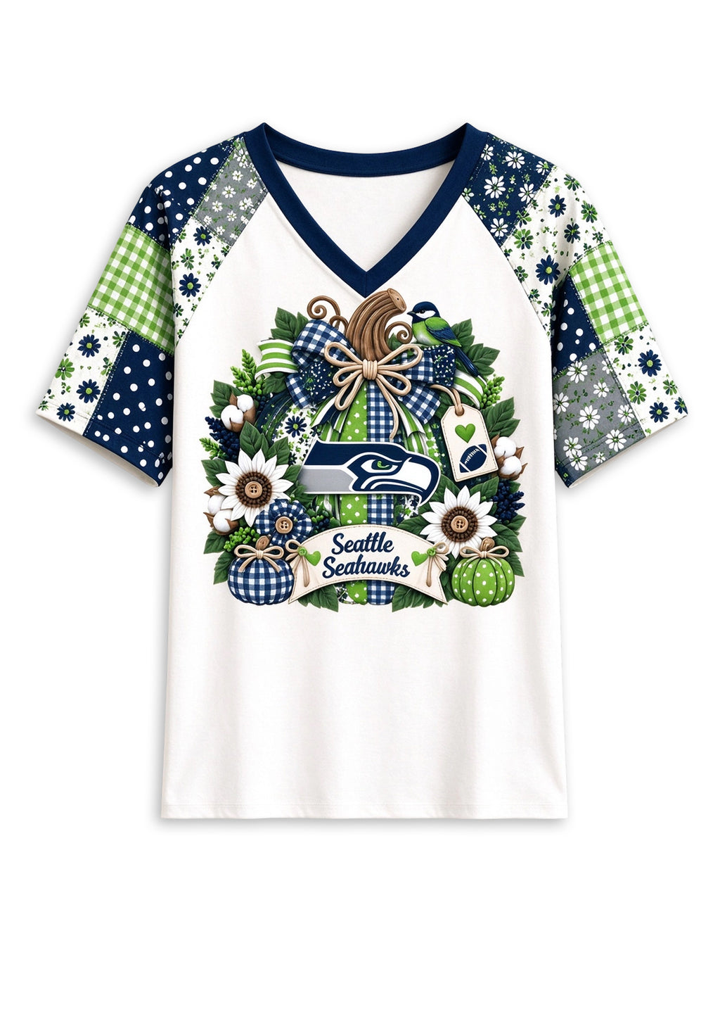 Women's Seattle Seahawks Patchwork Sleeve V-Neck Raglan T-Shirt