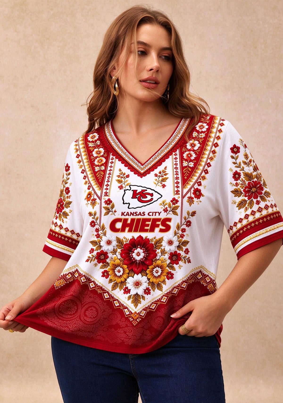 Women’s Kansas City Chiefs Boho Floral V-Neck 3/4 Sleeve Shirt Main image