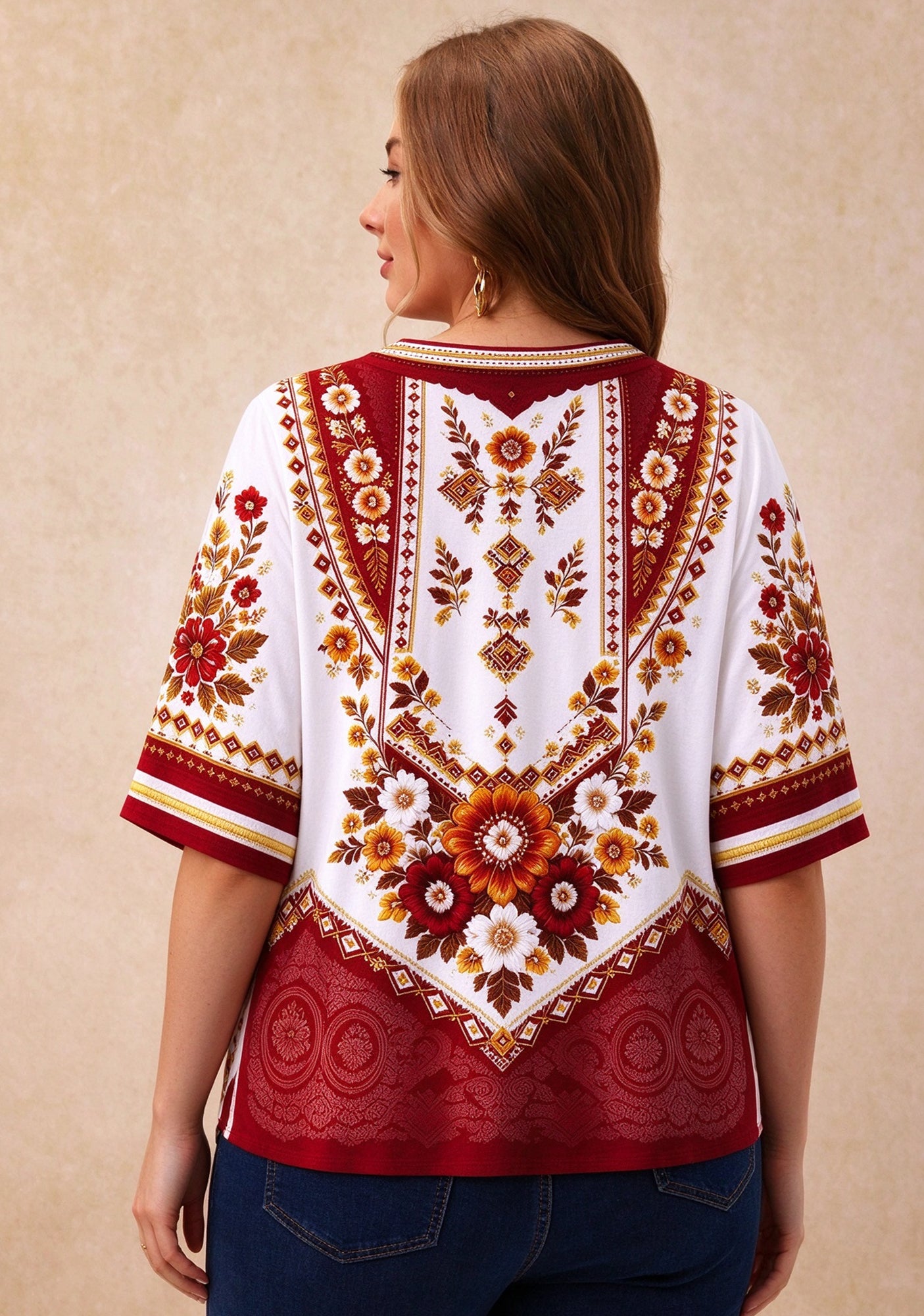 Women’s Kansas City Chiefs Boho Floral V-Neck 3/4 Sleeve Shirt Secondary image