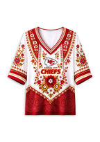 Women’s Kansas City Chiefs Boho Floral V-Neck 3/4 Sleeve Shirt