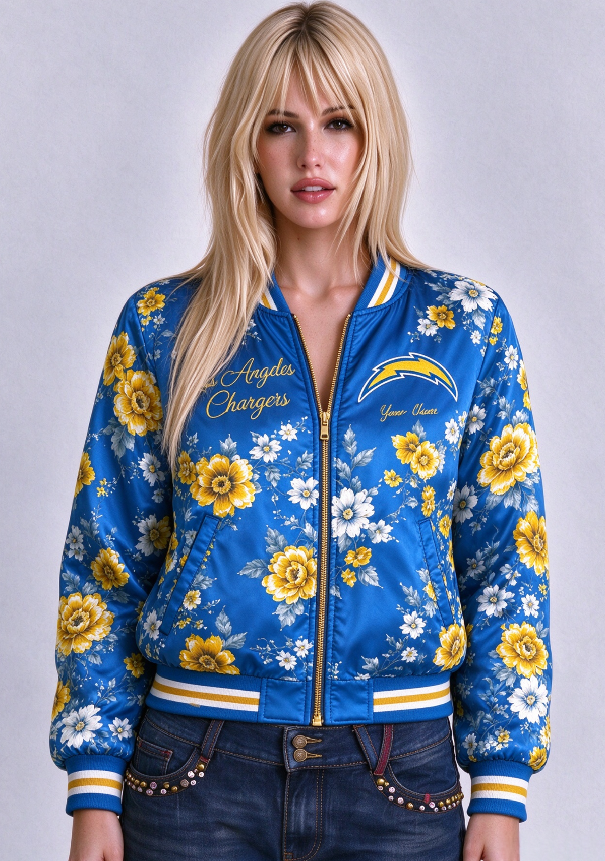 Women Los Angeles Chargers Floral Print Zip Up Jacket Custom Name For Fan Main image
