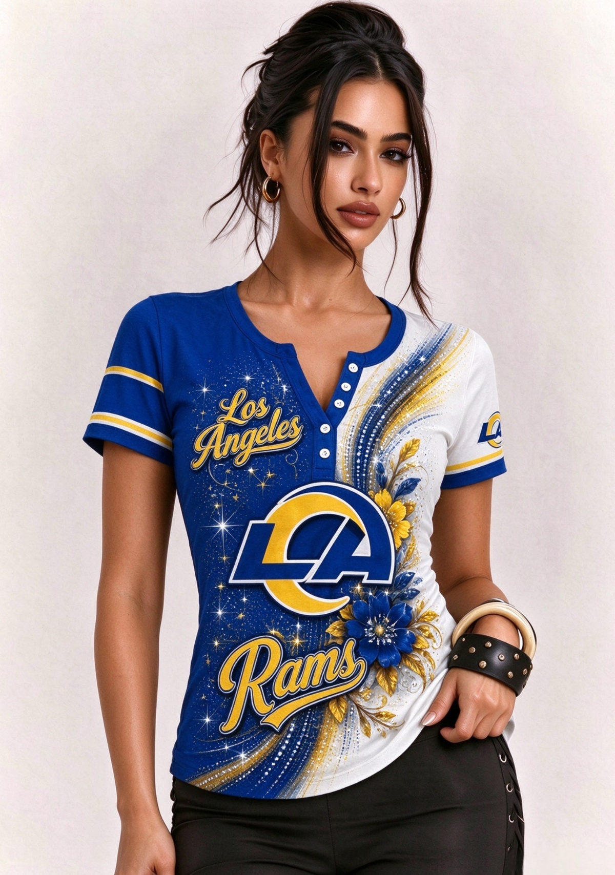 Women Los Angeles Rams Floral Henley T-Shirt