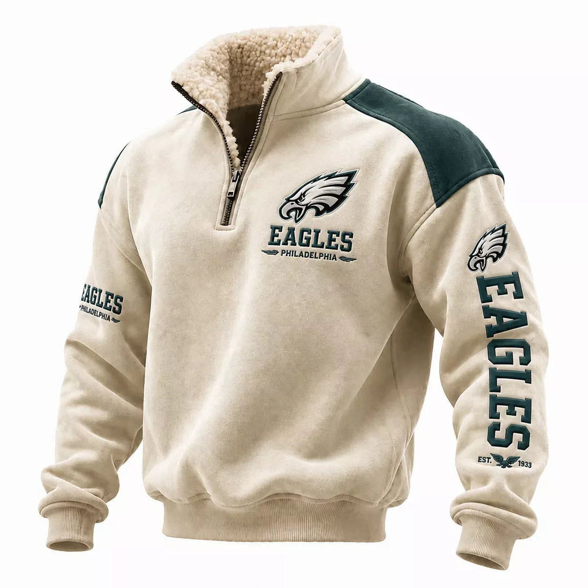 Philadelphia Eagles Cream Sherpa Lined Stand Collar Quarter Zip Pullover Sweatshirt