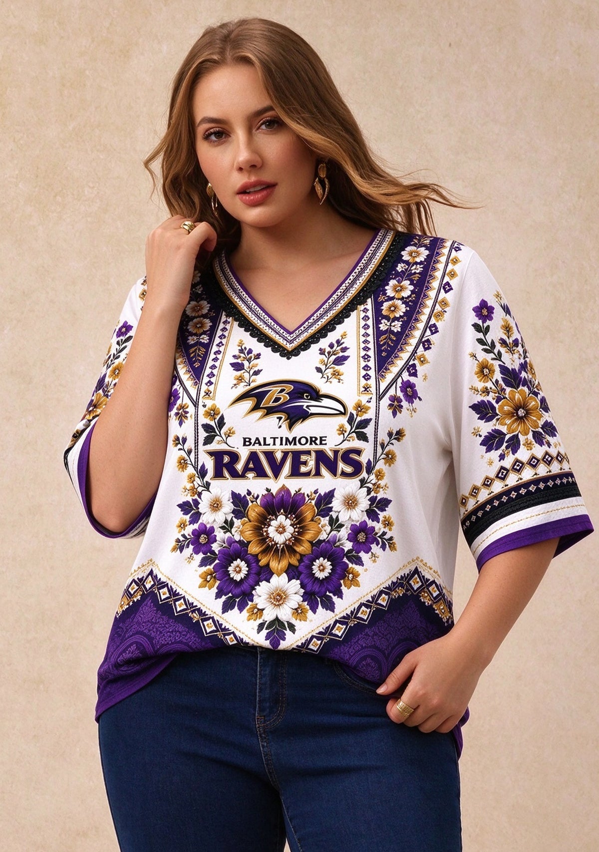 Women’s Baltimore Ravens Boho Floral V-Neck 3/4 Sleeve Shirt Main image