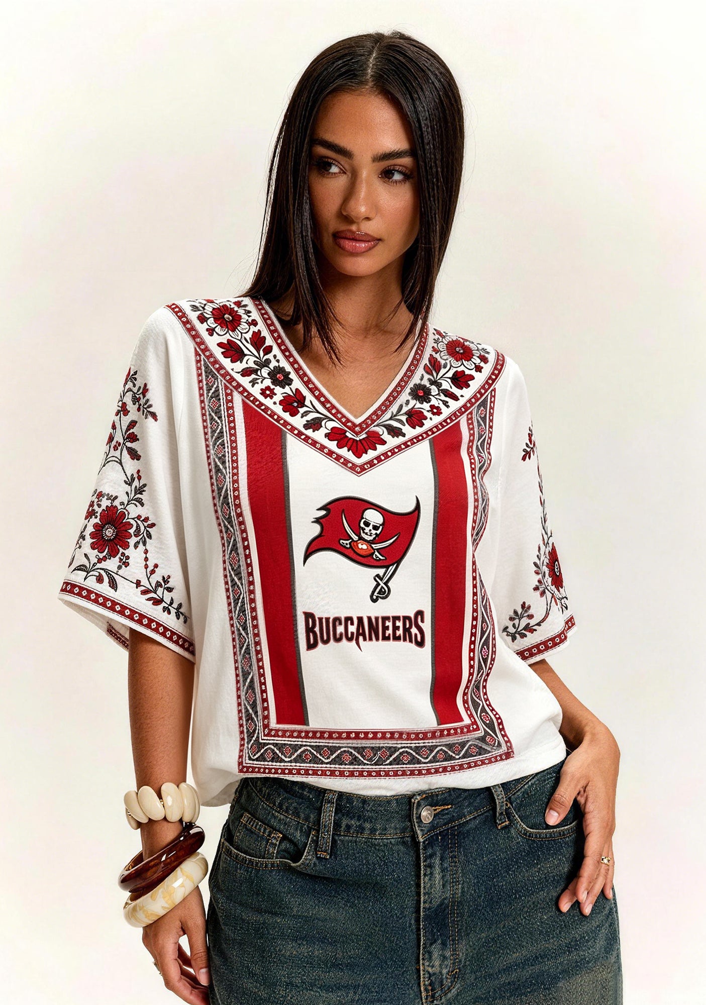 Boho Floral Tampa Bay Buccaneers V-Neck Blouse